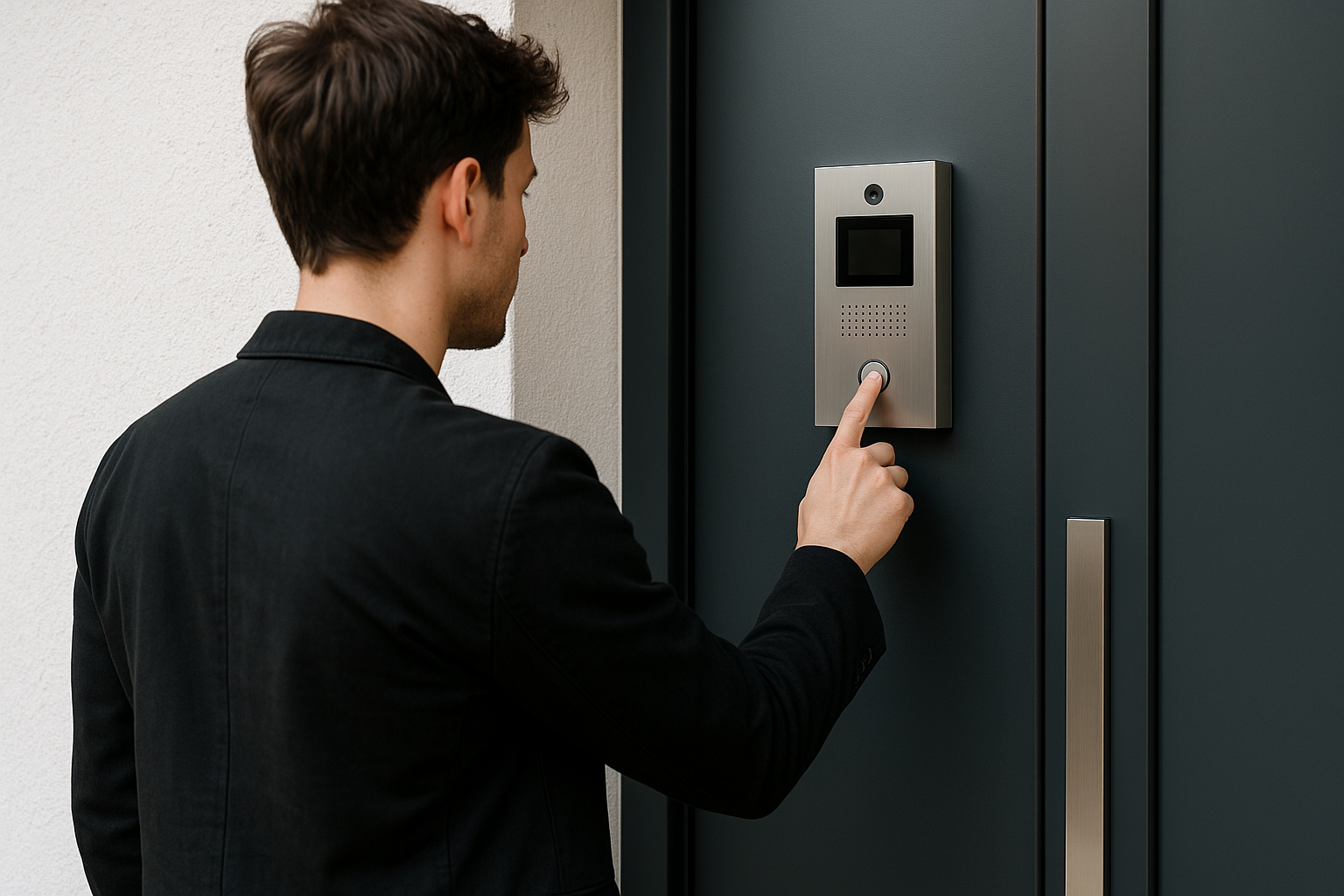 generer une image d'une personne qui sonne devant la porte pres de l'interphone video