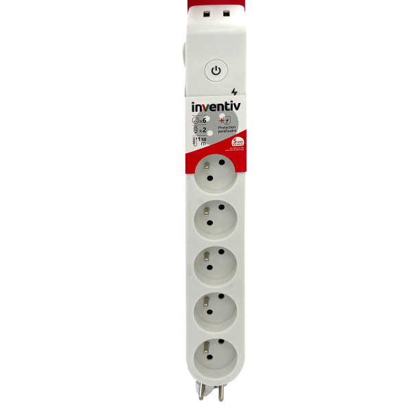Rallonge - INVENTIV 6 Prises 2P+T + 2 USB avec Parasurtenseur Blanc