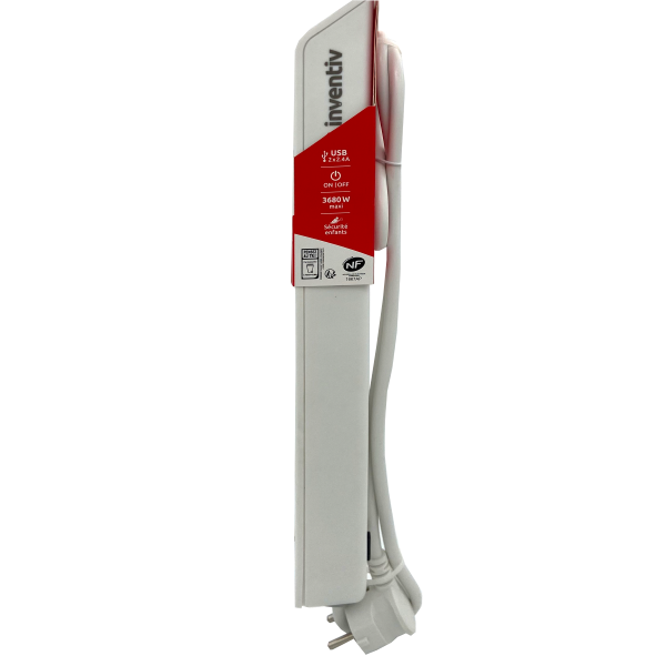 Rallonge - INVENTIV 6 Prises 2P+T + 2 USB avec Parasurtenseur Blanc