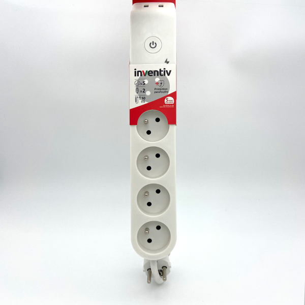 Multiprise  INVENTIV 5 Prises 2P+T 16A Interrupteur 2 USB 1,50m Blanc